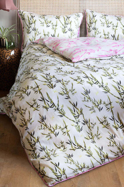 Green & Pink Bamboo Print Reversible Duvet Cover and Pillow Case Set - image 1
