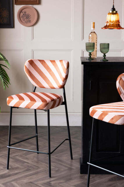 Set Of 2 Bar Stools in Pink & Amber Stripe Velvet - image 1