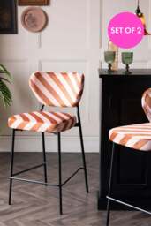 Set Of 2 Bar Stools in Pink & Amber Stripe Velvet