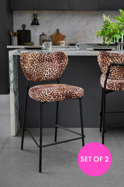 Set Of 2 Bar Stools in Leopard Print Velvet - image 1
