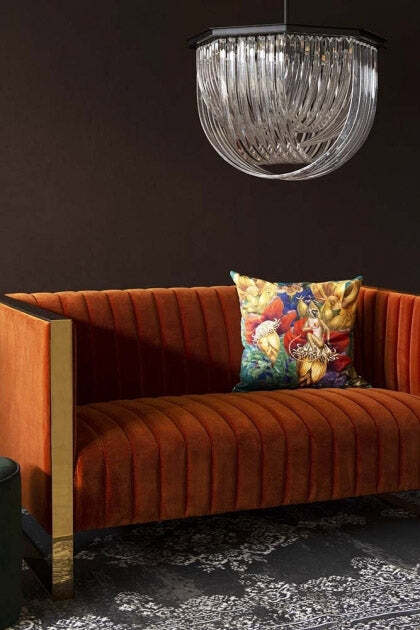 Retro 50's Style Burnt Orange Velvet 2 Seater Sofa With Gold Trim - image 1