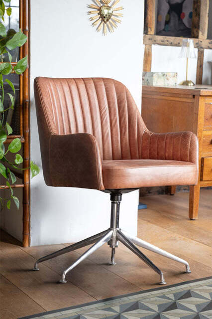 Ribbed Antique-Style Brown Leather Swivel Chair - image 1