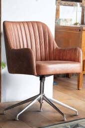 Ribbed Antique-Style Brown Leather Swivel Chair - thumbnail 4