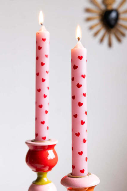 Set of 2 Red & Pink Heart Dinner Candles - image 1