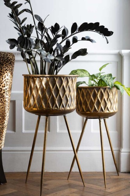 Set Of 2 Antique Brass Planters On Stand - image 1