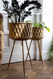 Set Of 2 Antique Brass Planters On Stand - thumbnail 4