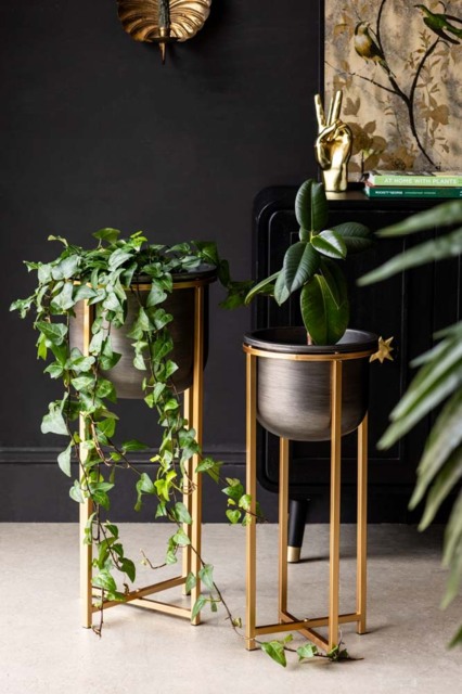 Set of 2 Black Planters With Gold Stand - image 1