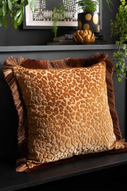 Ochre Leopard Velvet Cushion with Fringe Trim - image 1