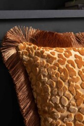Ochre Leopard Velvet Cushion with Fringe Trim - thumbnail 3