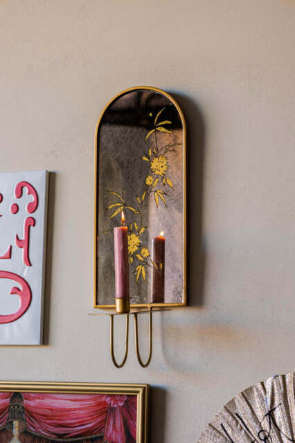 Gold & Foxed Mirror Floral Candle Wall Sconce - image 1
