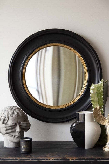 Black Convex Mirror With Aged Gold Detail - image 1