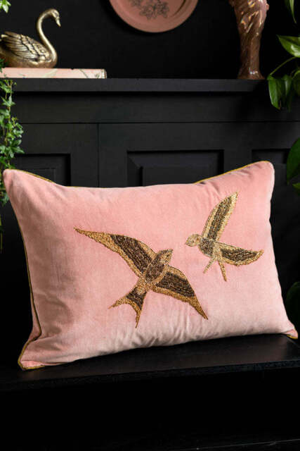 Love Birds Embroidered Pink Velvet Cushion - image 1