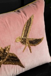 Love Birds Embroidered Pink Velvet Cushion - thumbnail 3