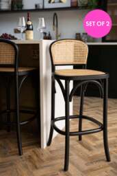 Set of 2 Chez Pitou Wood & Woven Cane Bar Stools in Black