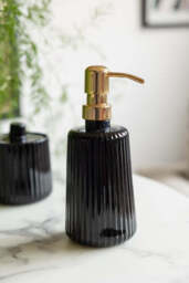 Ribbed Black Glass & Gold Effect Soap Dispenser - 350ml - thumbnail 1