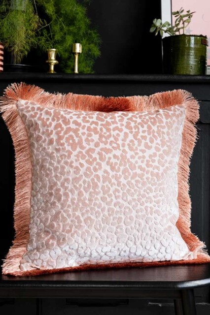 Blush Pink Leopard Velvet Cushion with Fringe Trim - image 1