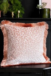 Blush Pink Leopard Velvet Cushion with Fringe Trim - thumbnail 1