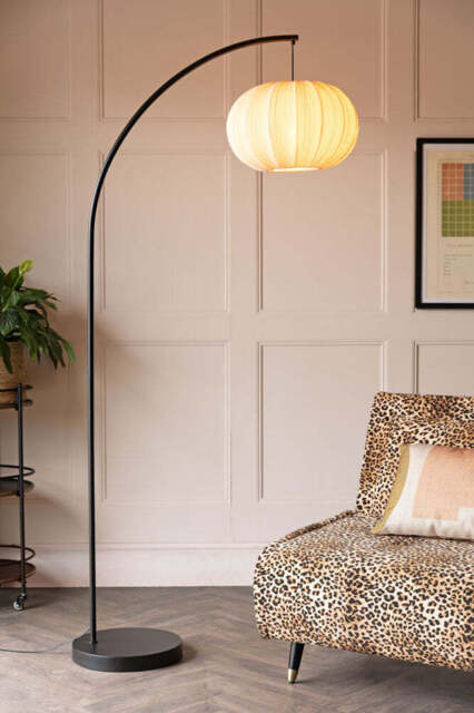 Black Arch Floor Lamp with Neutral Pleated Fabric Lampshade - image 1