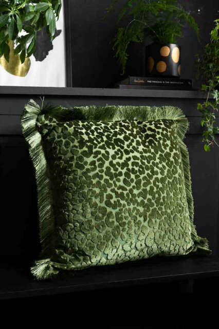 Green Leopard Velvet Cushion with Fringe Trim - image 1