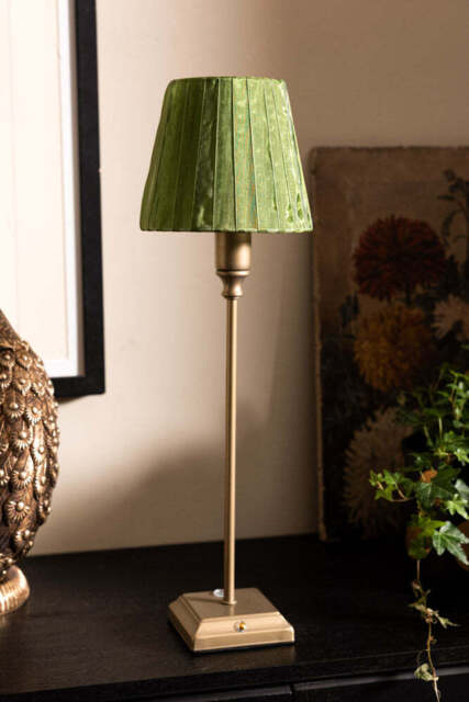 Rechargeable Antique Bronze Table Lamp with Pleated Green Shade - image 1