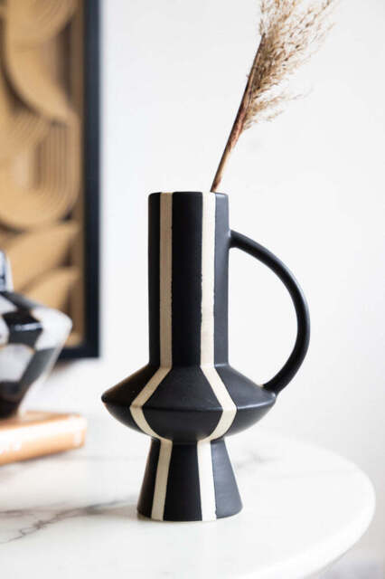 Tall Striped Black & White Vase With Handle - image 1