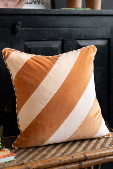 Terracotta & Peach Diagonal Stripe Velvet Cushion - image 1