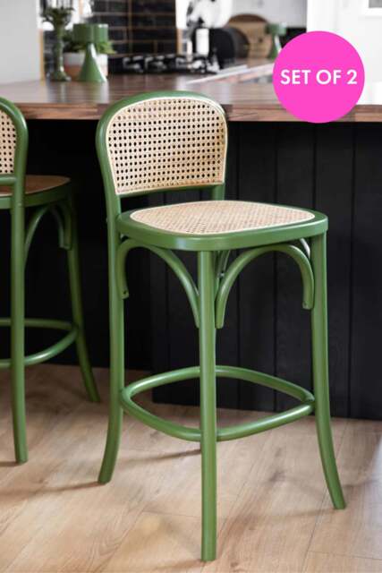 Set of 2 Chez Pitou Wood & Woven Cane Bar Stools in Green - image 1