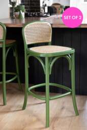 Set of 2 Chez Pitou Wood & Woven Cane Bar Stools in Green - thumbnail 1