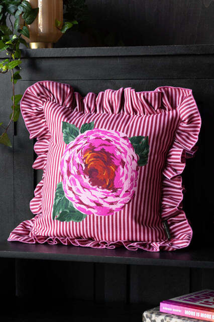 Pink & Red Stripe Floral Cushion Cover With Frilled Edge