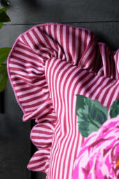 Pink & Red Stripe Floral Cushion Cover With Frilled Edge - thumbnail 3