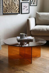 Seventies Amber Glass Oval Coffee Table - thumbnail 3