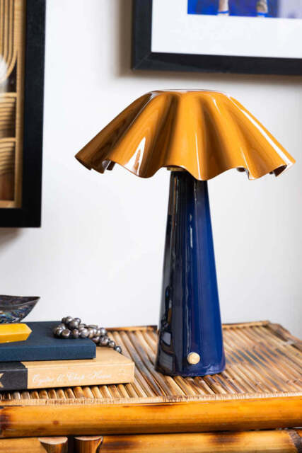 Metal Fluted Tan & Navy Rechargeable Table Lamp - image 1