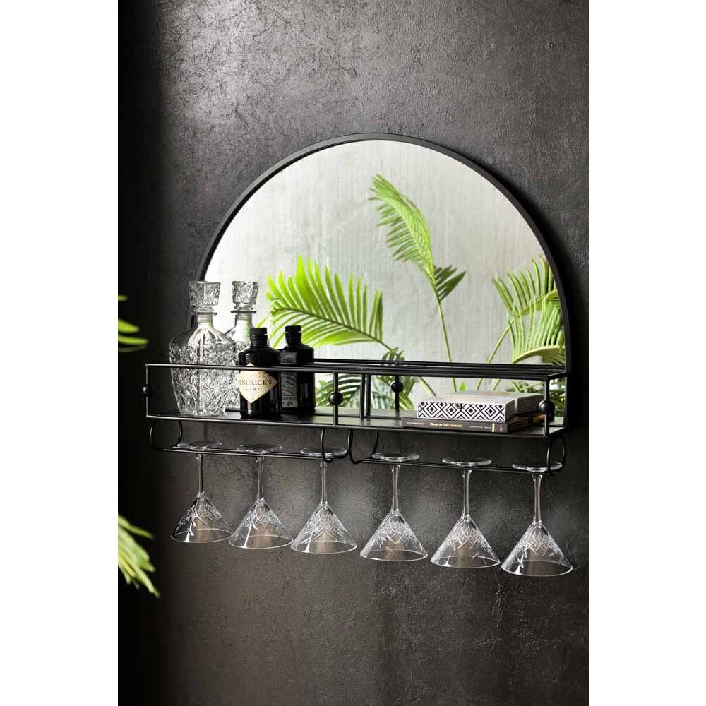 Wall-Mounted Black Metal Bar Shelf With Mirror