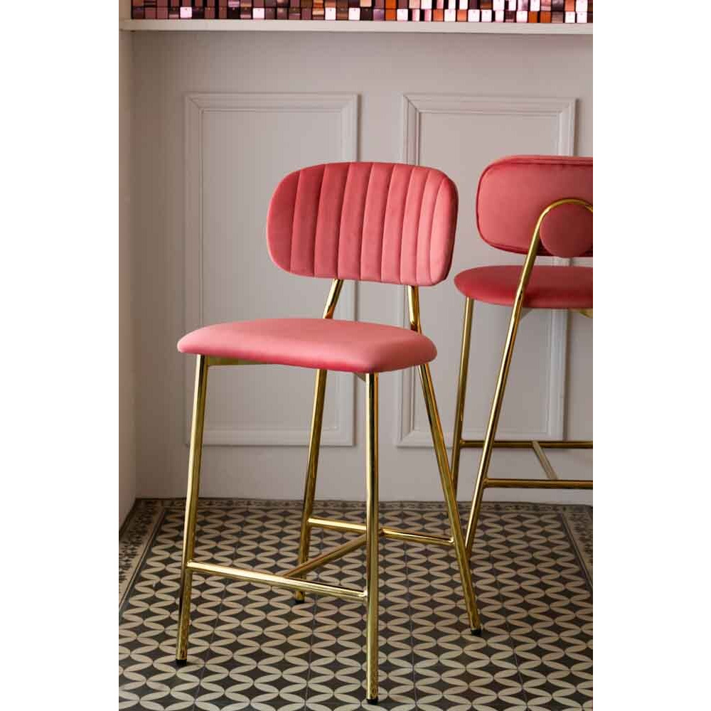 Coral Pink Velvet Bar Stool With Gold Legs