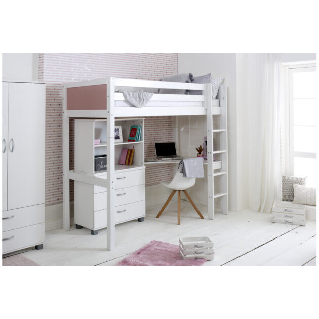Nordic High sleeper 4 with corner desk, chest and bookcase (colour panels)