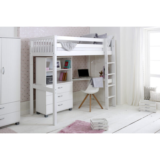 Nordic High sleeper 4 with corner desk, chest and bookcase (slatted panels)
