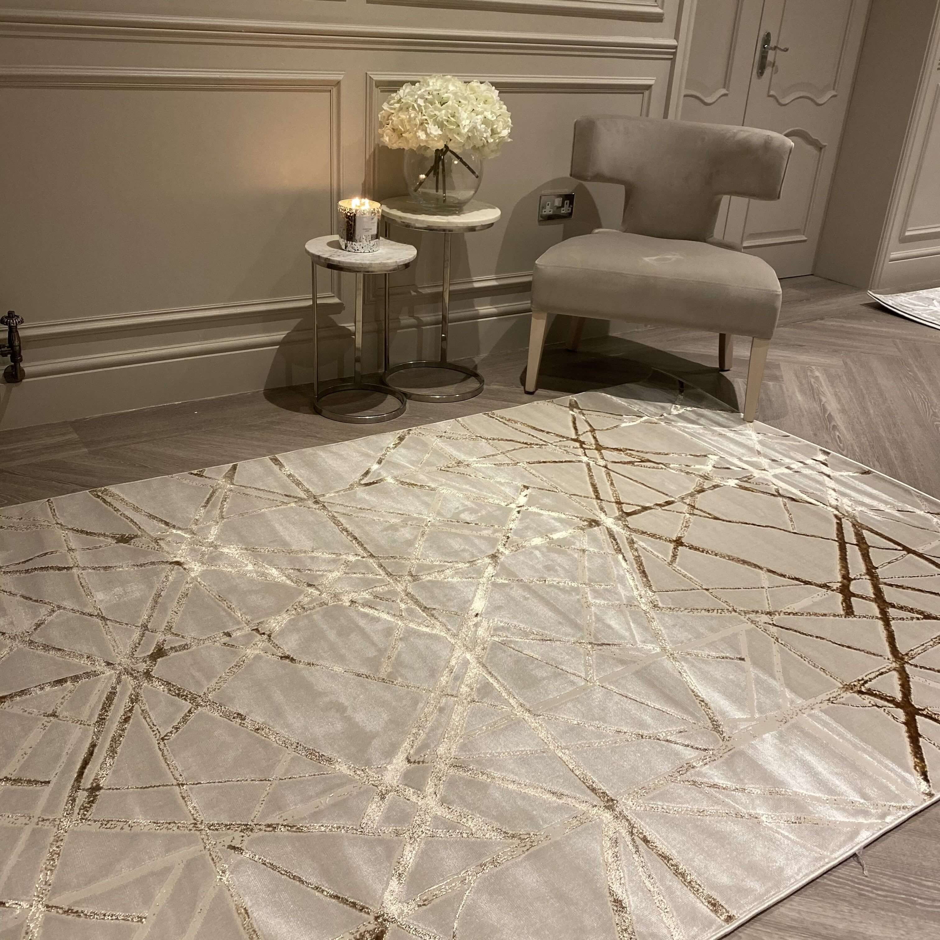 Saints Metallic Gold & Cream Geometric Velvet Rug, 80 x 150cm