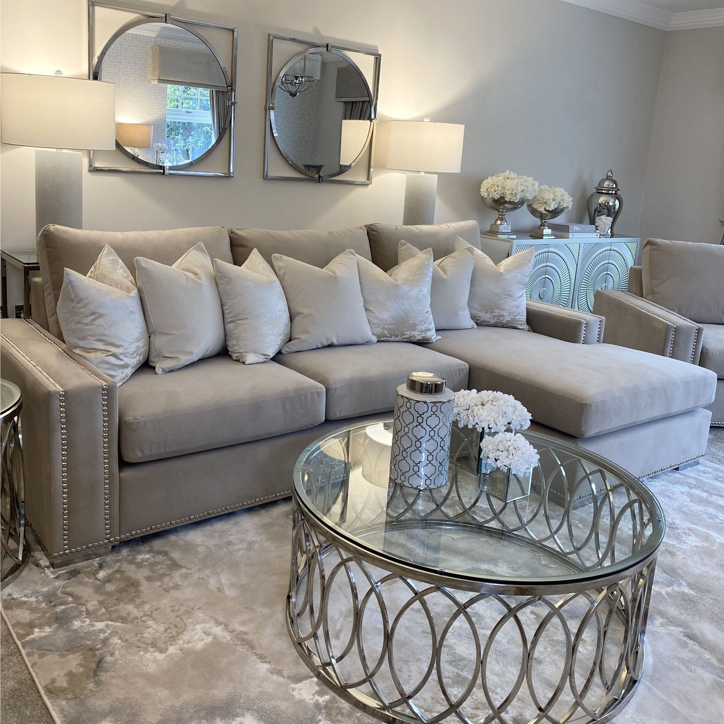 Olivia Mink Premium Medium Corner Sofa, Right Hand Facing (With Studs) - 14 Week Delivery