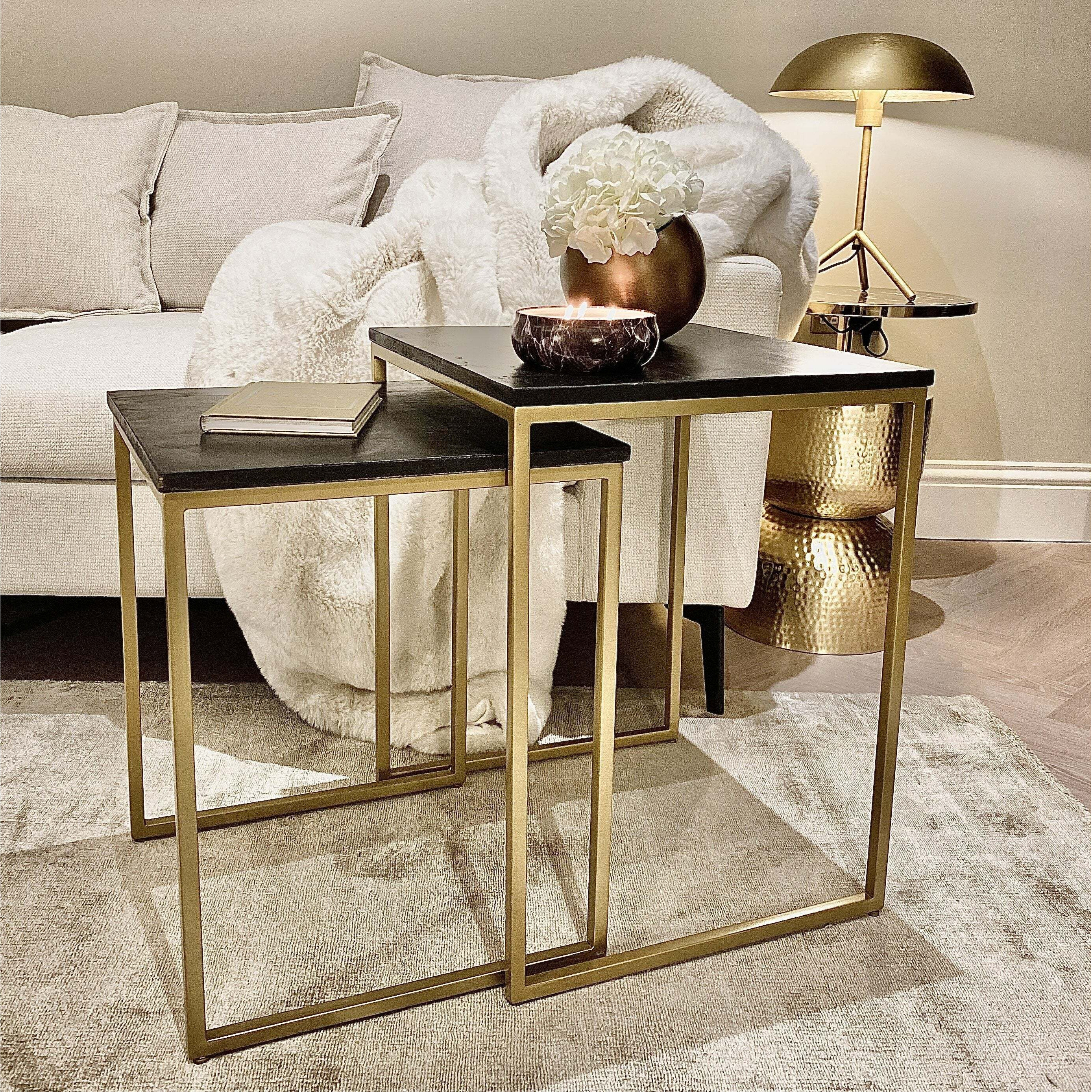 Elsie Nest of 2 Black & Gold Distressed Wood Side Tables