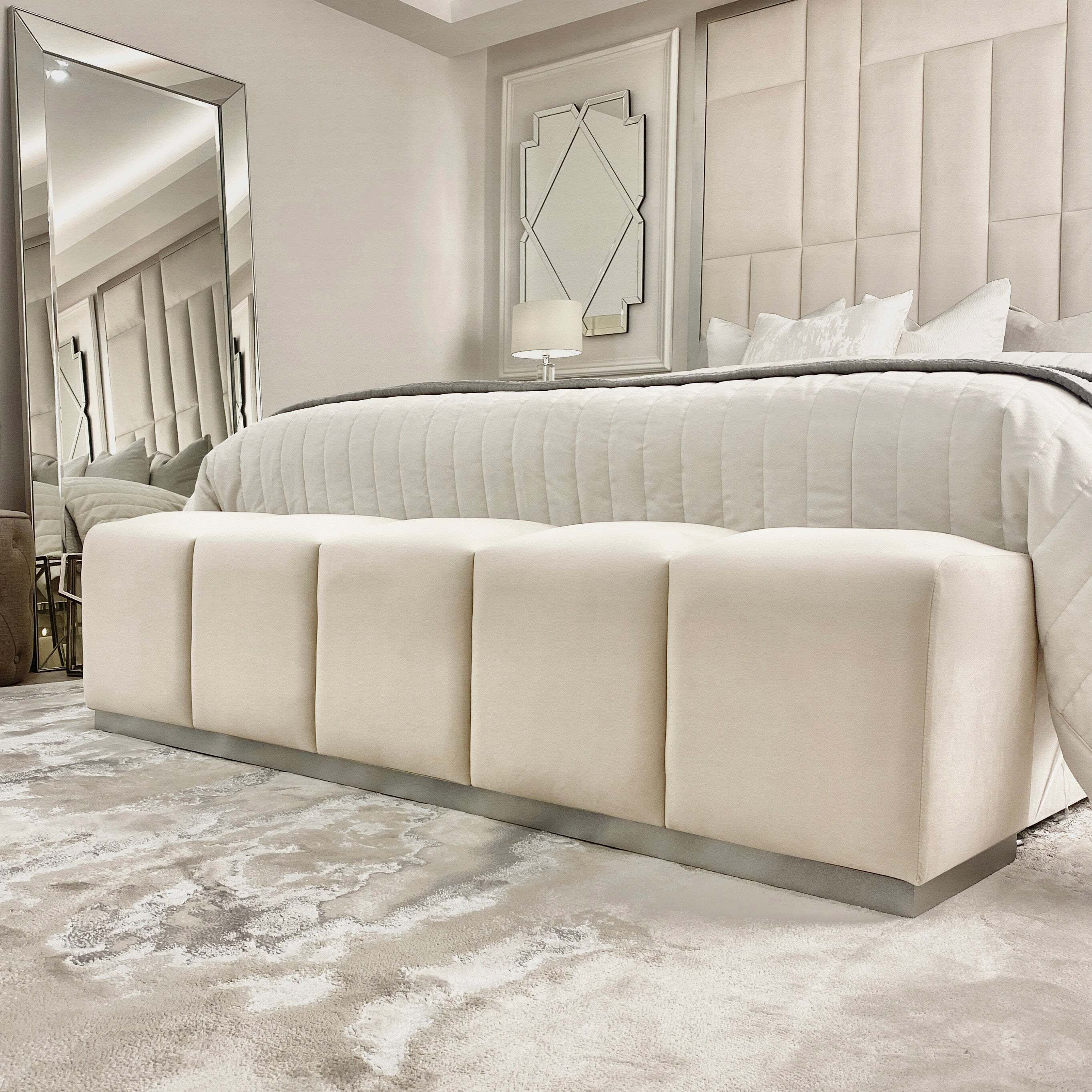 Venus Cream & Silver Premium Upholstered Bench, Double