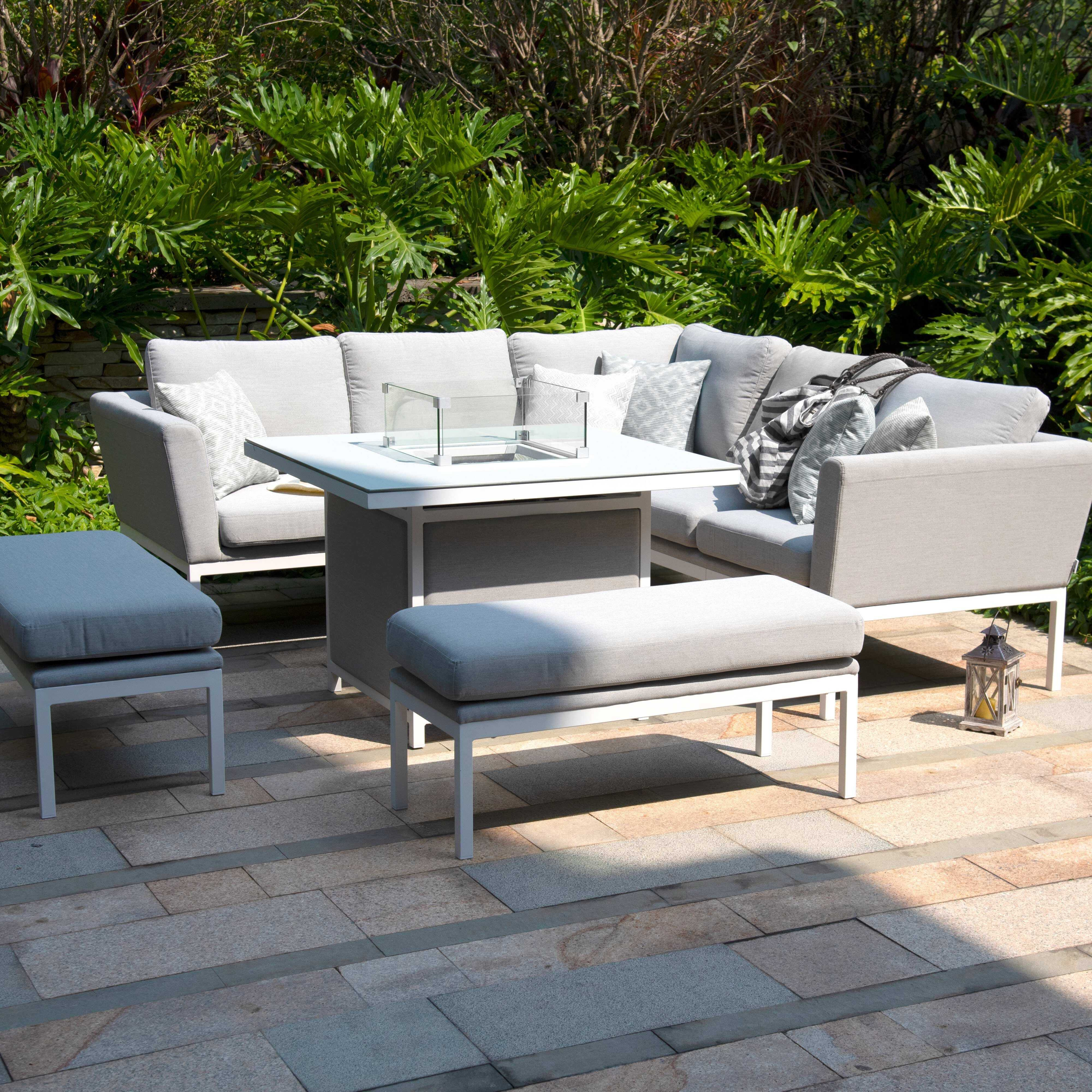 Maze Antalya Grey and White Square Corner Dining Set With Fire Pit Table