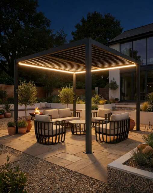 PURE 4x3m Pergola with Manual Louvered Roof and solar powered lighting - 3 Screens (2x 3m Screens + 1x 4m Screen) - image 1