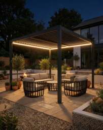 PURE 4x3m Pergola with Manual Louvered Roof and solar powered lighting - 3 Screens (2x 3m Screens + 1x 4m Screen) - thumbnail 1