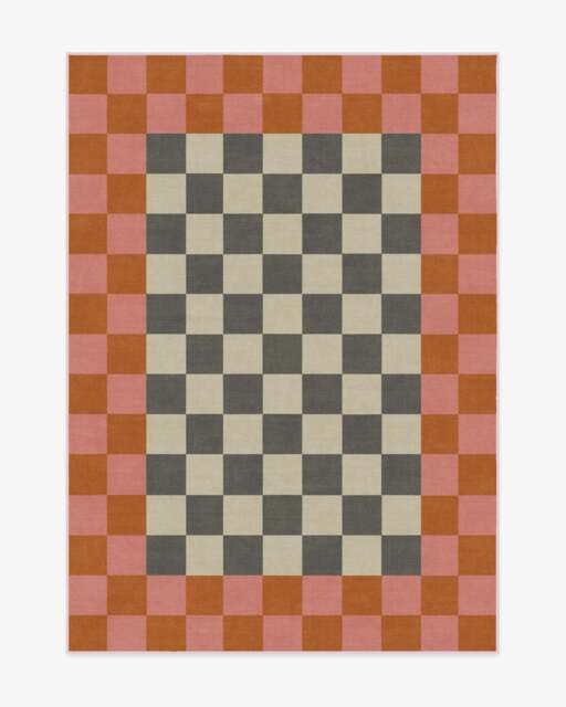 Checker Border Pink & Orange Flatwoven Rug by Jonathan Adler - 150x215 - Machine Washable Area Rug - Kid & Pet Friendly - Indoor Rugs - Ruggable - image 1