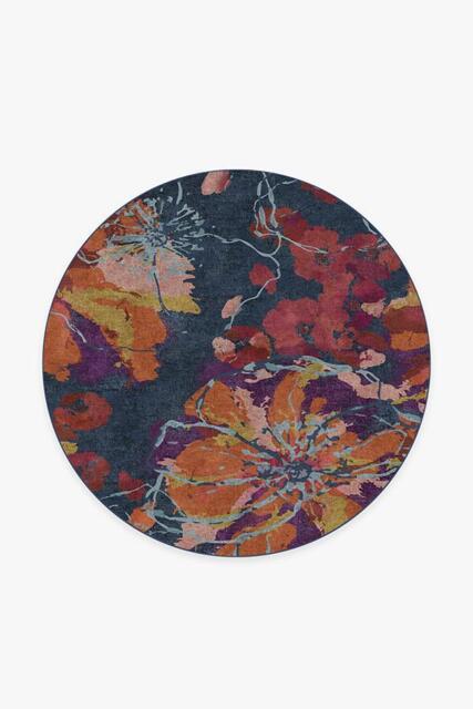 Watercolour Floral Navy Flatwoven Rug - 185 Round - Machine Washable Area Rug - Kid & Pet Friendly - Indoor Rugs - Ruggable - image 1