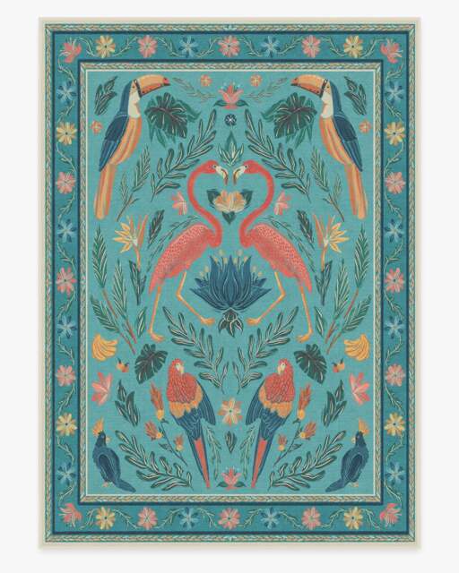 Birds Of A Feather Aqua Flatwoven Rug by Iris Apfel - 305x425 - Machine Washable Area Rug - Kid & Pet Friendly - Indoor Rugs - Ruggable - image 1