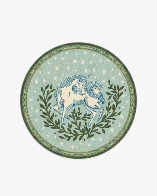 Woodland Wanderer Unicorn Green Rug - 185 Round - Machine Washable Area Rug - Kid & Pet Friendly - Indoor Rugs - Ruggable - image 1