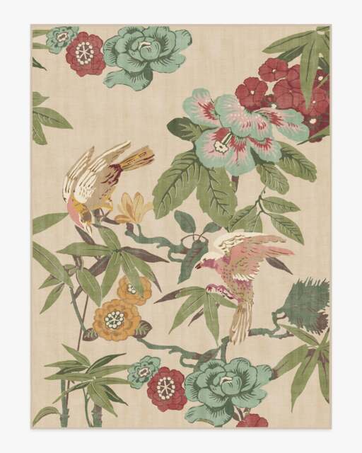 Bamboo & Bird Blush & Jade Flatwoven Rug by Sanderson - 275x365 - Machine Washable Area Rug - Kid & Pet Friendly - Indoor Rugs - Ruggable - image 1