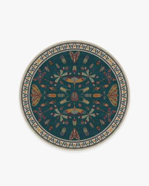 Flutterby Teal Rug by Iris Apfel - 185 Round - Machine Washable Area Rug - Kid & Pet Friendly - Indoor Rugs - Ruggable - image 1