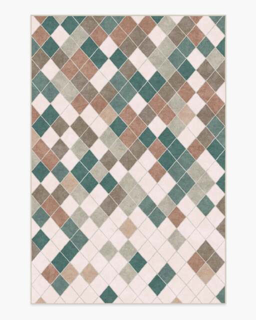 Diamond Mosaic Neutral Teal Flatwoven Rug - 185x275 - Machine Washable Area Rug - Kid & Pet Friendly - Indoor Rugs - Ruggable - image 1